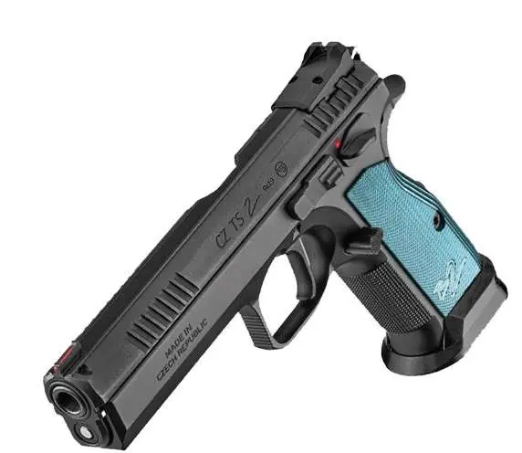 CZ TS2 HGA 9MM 5.25 IN BBL BLK W BLUE GRIPS FIXED SIGHT SA TRIGGER 3/10RD MAGS