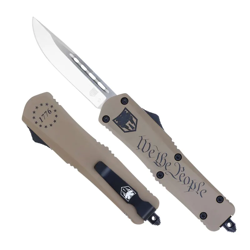 CobraTec Knives MWTPFS-3DNS We The People Medium 3" OTF Drop Point Plain D2 Steel Blade Cerakoted Aluminum w/"We The People" Engraving Handle Features Glass Breaker