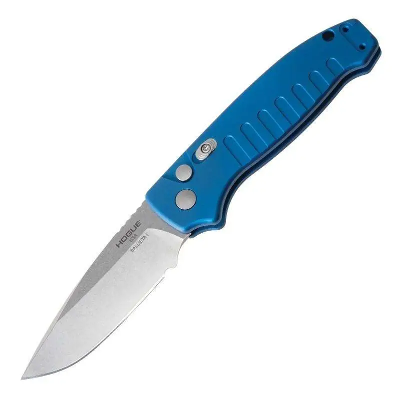 Ballista-I 3.5" Button Lock Automatic - Drop Point Blade Tumbled Finish Aluminum Frame - Matte Blue