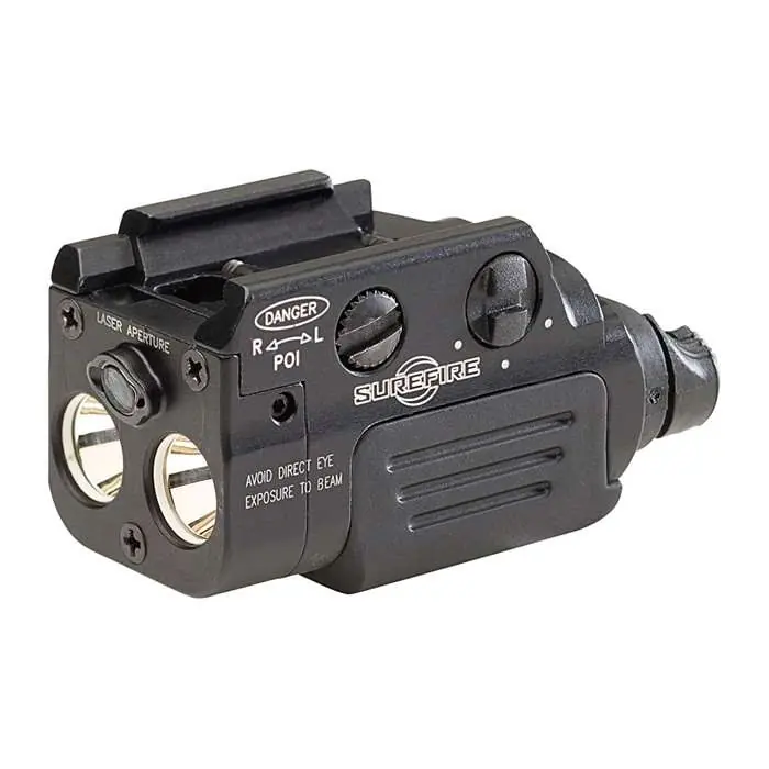 COMPACT RECHARGEABLE PISTOL LIGHT WITH LASER, <5mW, 635 nm, RED, UNIVERSAL/PICATINNY CLAMP RAIL MOUNT, 600 LUMENS, REMOVABLE BATTERY CARTRIDGE, MICRO USB CHARGE CRADLE, TYPE III ANODIZED ALUMINUM, BLACK