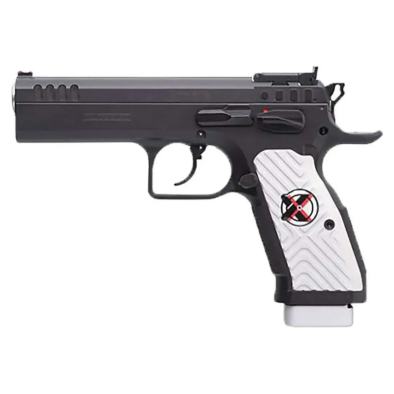 Tanfoglio IFG TF-STOCK2X-9 Stock II Xtreme 9mm Luger Caliber with 4.44" Barrel, Overall Black Finish, Beavertail Frame, Serrated Steel Slide & White Polymer Grip