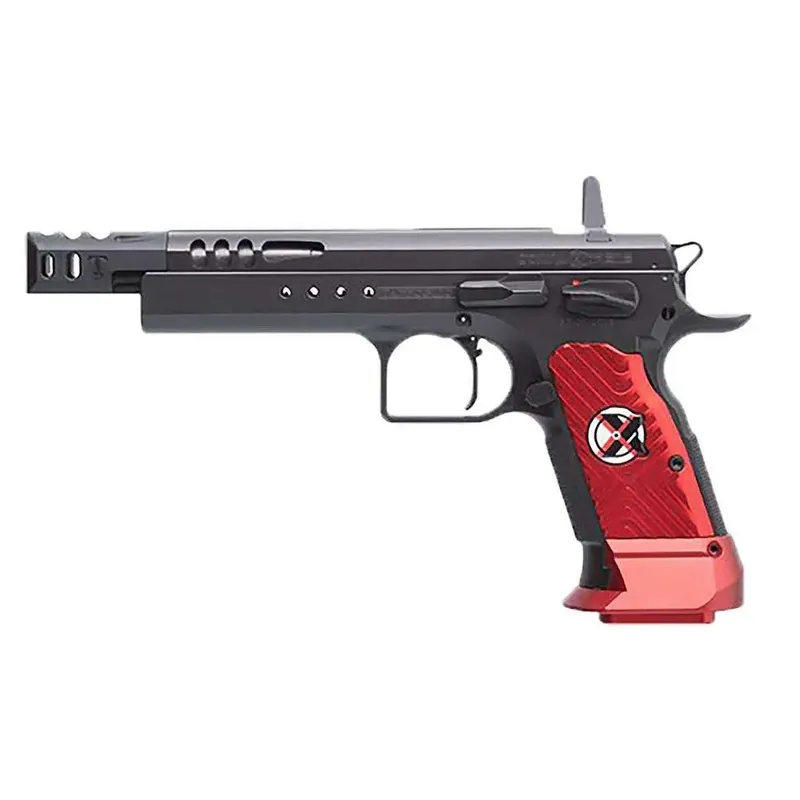 Tanfoglio IFG TF-DOMX-9 Domina Xtreme 9mm Luger Caliber with 5.20" Barrel, Overall Black Finish, Beavertail Frame, Steel Slide & Red Polymer Grip