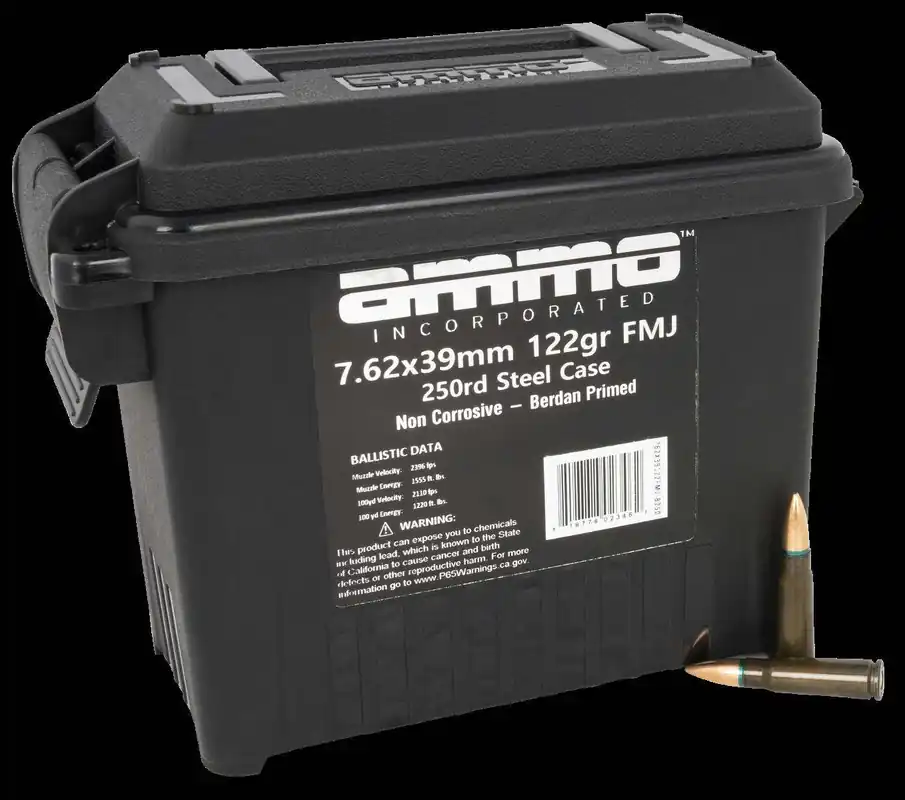 AMMOINC 762X39122FMJ-B250 122 FMJ STEEL 250 Round Box
