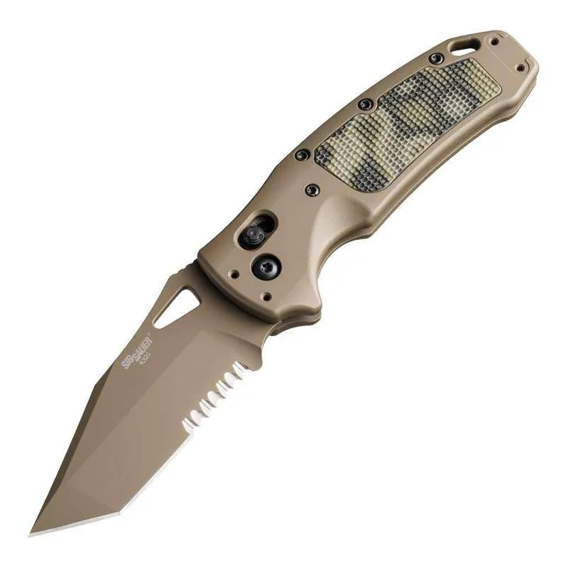 Sig K320 AXG Scorpion 3.5" ABLE Lock Folder - Tanto Blade Partially Serrated Flat Dark Earth Cerakote Finish - Aluminum Frame Flat Dark Earth Cerakote - G-Mascus Green G10 Insert