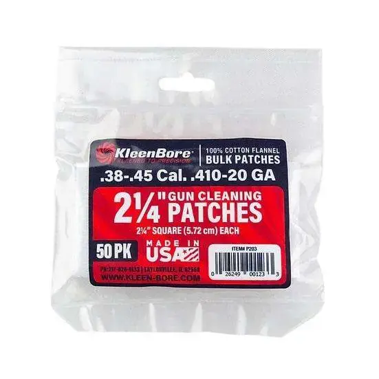 Kleen-Bore P203 Super Shooter Cleaning Patches Cotton 50 Pack 2 1/4" Square .38/.45 Cal