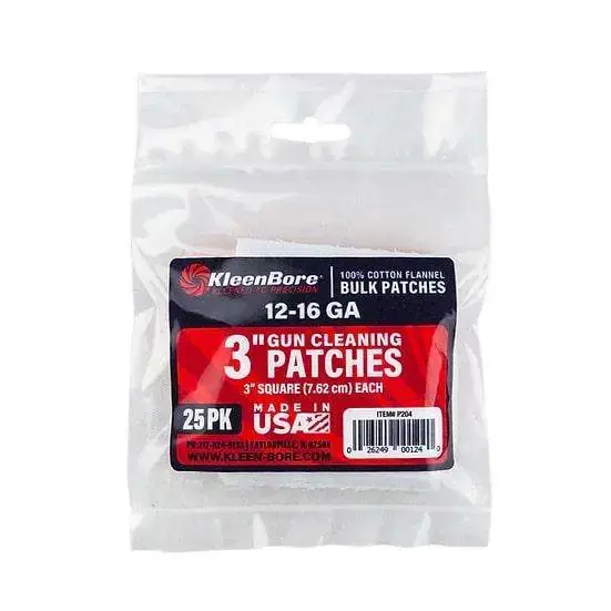 Kleen-Bore P204 Super Shooter Cleaning Patches Cotton 25 Per Bag 3" Square 12-16 Gauge