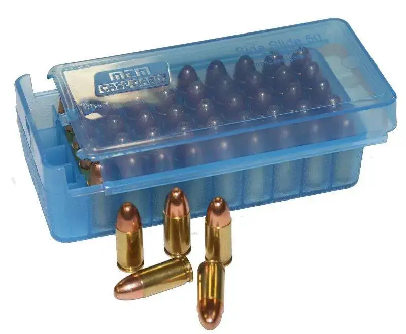 MTM P50SS4524 Side-Slide Ammo Box Pistol 45 ACP,10mm,32 NAA, 357 Sig,38 Casull,40 S&W,400 Cor-Bon 50 Rounds Clear Blue Plastic