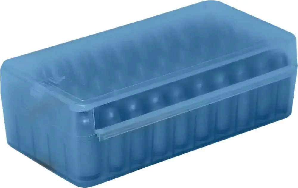 MTM P50SS9M24 Side-Slide Ammo Box Pistol 9mm,30 Luger,32 S&W,380 ACP,9mm Makarov 50 Rounds Clear Blue Plastic