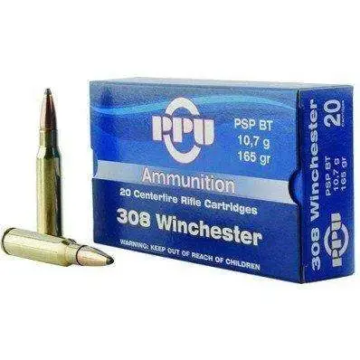 PPU PP3082 Standard Rifle 308 Win 165 gr Pointed Soft Point Boat Tail (PSPBT) 20 Round Box