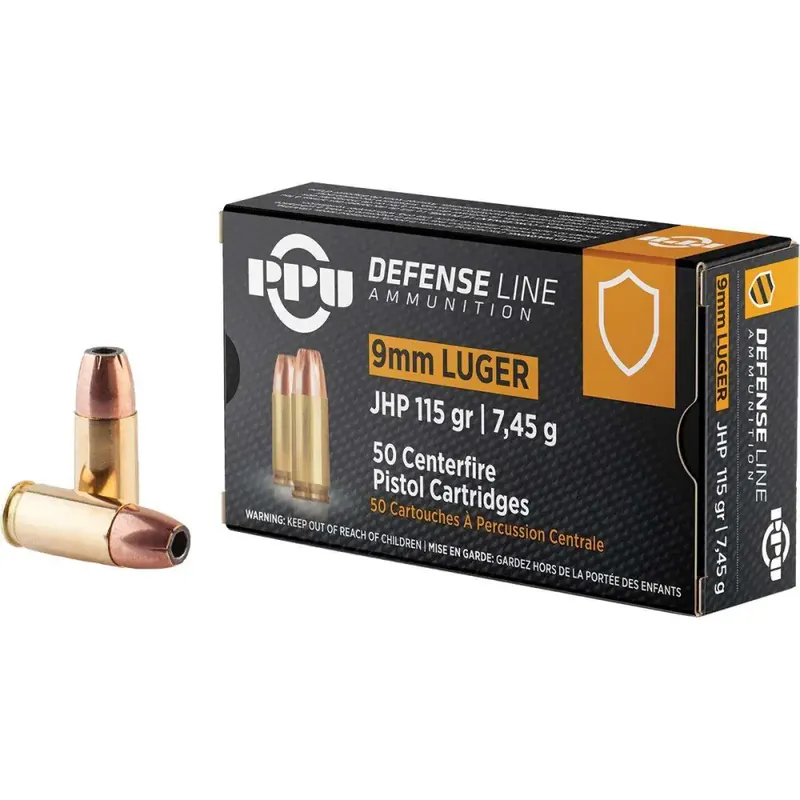 PPU PPD91 Defense 9mm Luger 115 gr Jacketed Hollow Point (JHP) 50 Round Box