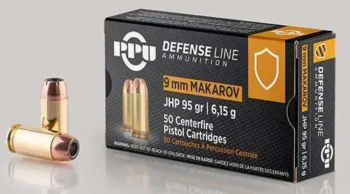 PPU Defense 9mm Makarov 95 gr Jacketed Hollow Point 50 Round Box