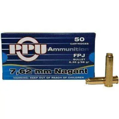 PPU PPH762N Handgun 7.62x38mmR Nagant 98 gr Flat Point Jacketed (FPJ) 50 Round Box