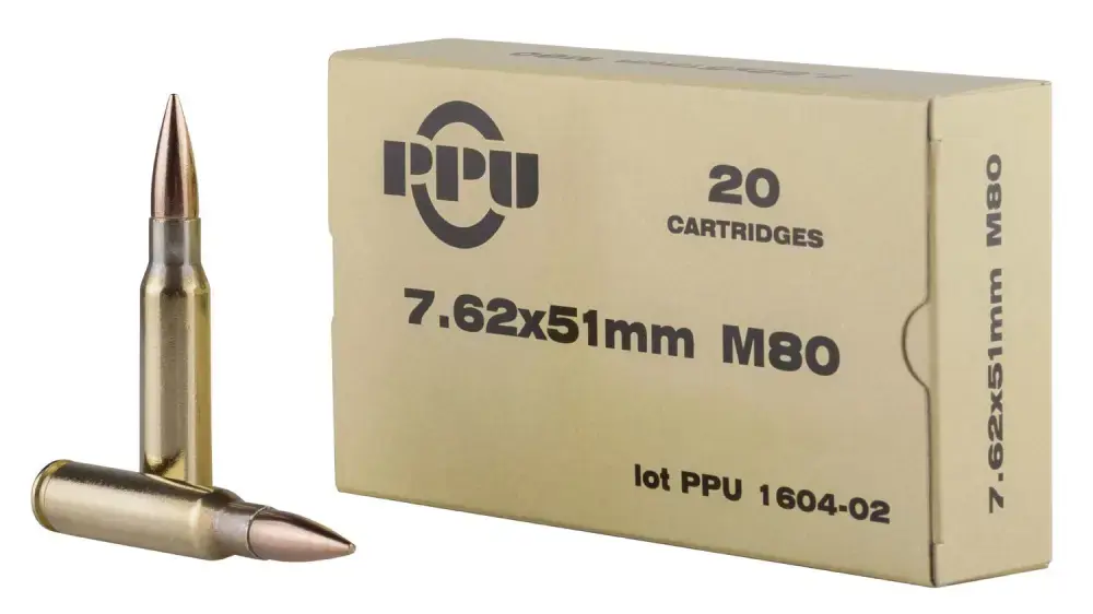 PPU PPN762 Mil-Spec 7.62x51mm NATO 145 gr Full Metal Jacket Boat Tail (FMJBT) 20 Round Box
