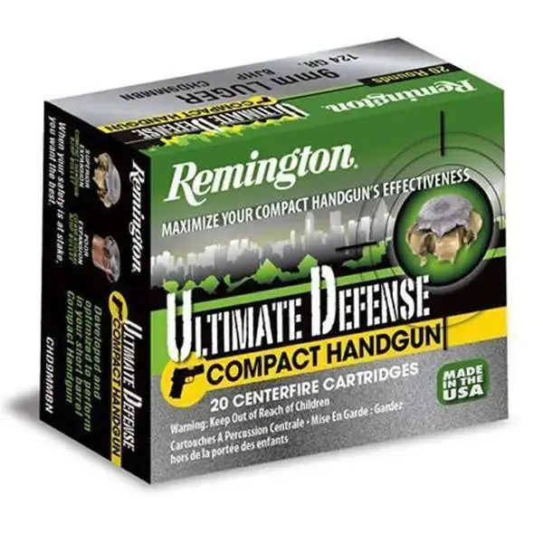 Remington Ammunition CHD9MMBN Ultimate Defense 9mm Luger 124 gr Brass Jacket Hollow Point (BJHP) 20 Round Box