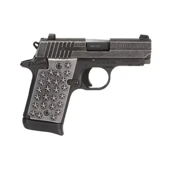 Sig Sauer 9389WTP P938 We The People Single 9mm Luger 3" 7+1 CS Distressed Aluminum Grip Black Hard Coat Anodized Frame Distressed Stainless Steel
