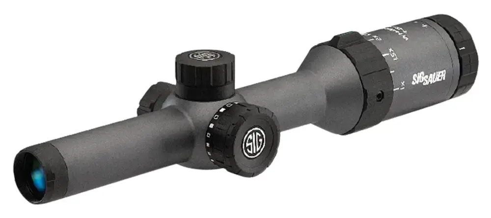 Sig Sauer Electro-Optics SOW51011 Whiskey5 1-5x 24mm Obj 100.4-20.2 ft @ 100 yds FOV 30mm Tube Black Finish Illuminated Hellfire Quadplex