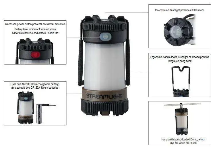 Streamlight 44956 Siege X USB Lantern 325/300/170/40/30 Lumens White/Red LED Thermoplastic Coyote CR18650/CR123A