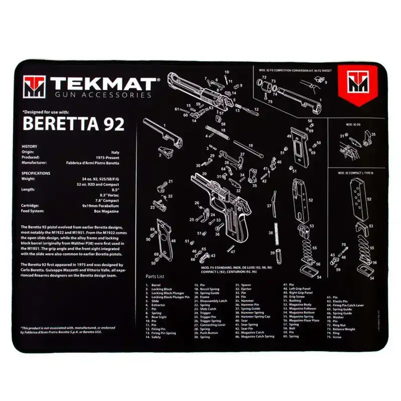 TekMat TEKR20BER92 Ultra Premium Cleaning Mat Beretta 92 Parts Diagram 15" x 20"