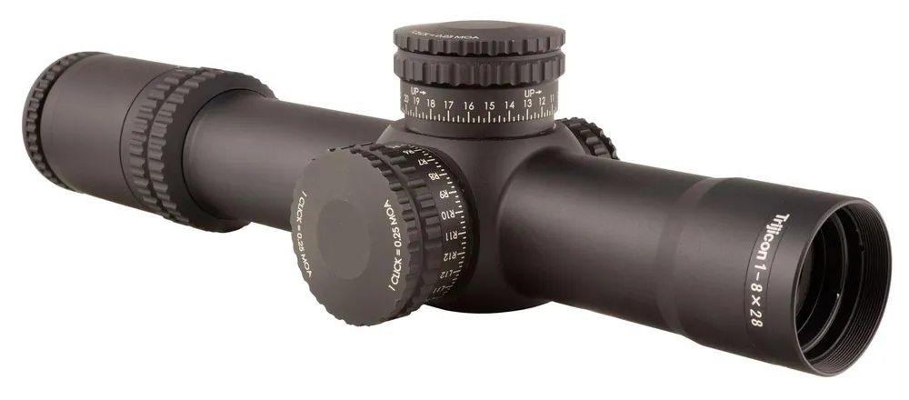 Trijicon 1900027 AccuPower 1-8x 28mm Obj 109.20-13.10 ft @ 100 yds FOV 34mm Tube Black Finish Illuminated Green Segmented Circle Crosshair MOA (FFP)