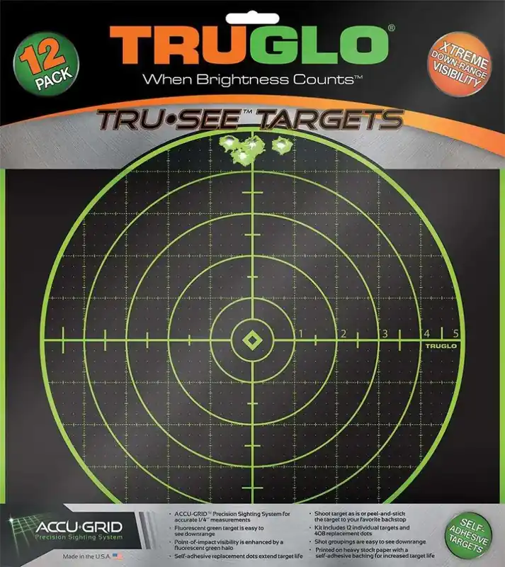 Truglo TG10A12 Tru-See Self-Adhesive Paper 12" x 12" Bullseye Black Target Paper w/Green Accents 12 Per Pack