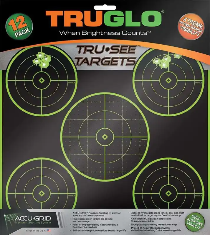 Truglo TG11A12 Tru-See Self-Adhesive Paper 12" x 12" 5-Bullseye Black Target Paper w/Green Accents 12 Per Pack