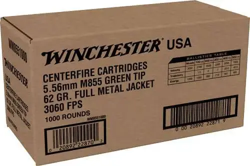 Winchester Ammo WM8551000 USA 5.56x45mm NATO 62 gr Full Metal Jacket Lead Core (FMJLC) 1000 Bx/ 1 Cs (Sold by Case)