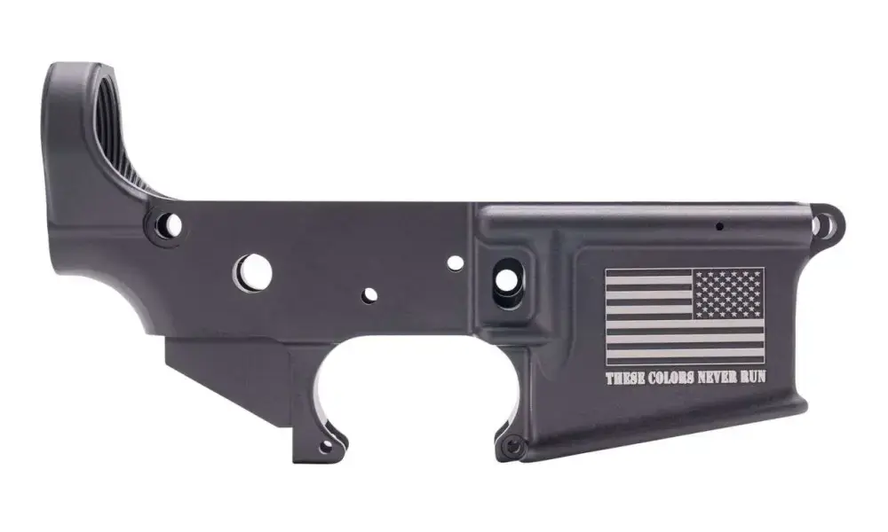 Anderson AM-15 Forged Stripped AR15 Lower Receiver - Black | Flag & "These Colors Never Run" Slogan | Retail Packaging