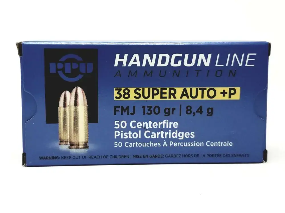 PPU .38 SUPER AUTO FMJ 130GR+P 50 RD BOX 500 CASE