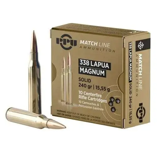 PPU .338 LAPUA MAGNUM MATCH SOLID 240GR 10RD BOX 20 BOXES PER CASE